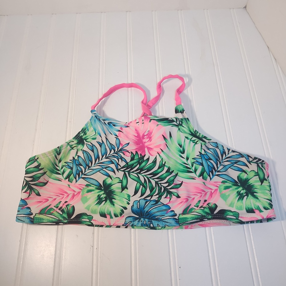 Wonder Nation Tropical Floral High Neck Bikini Swim Top XL 14-16 Pink Green